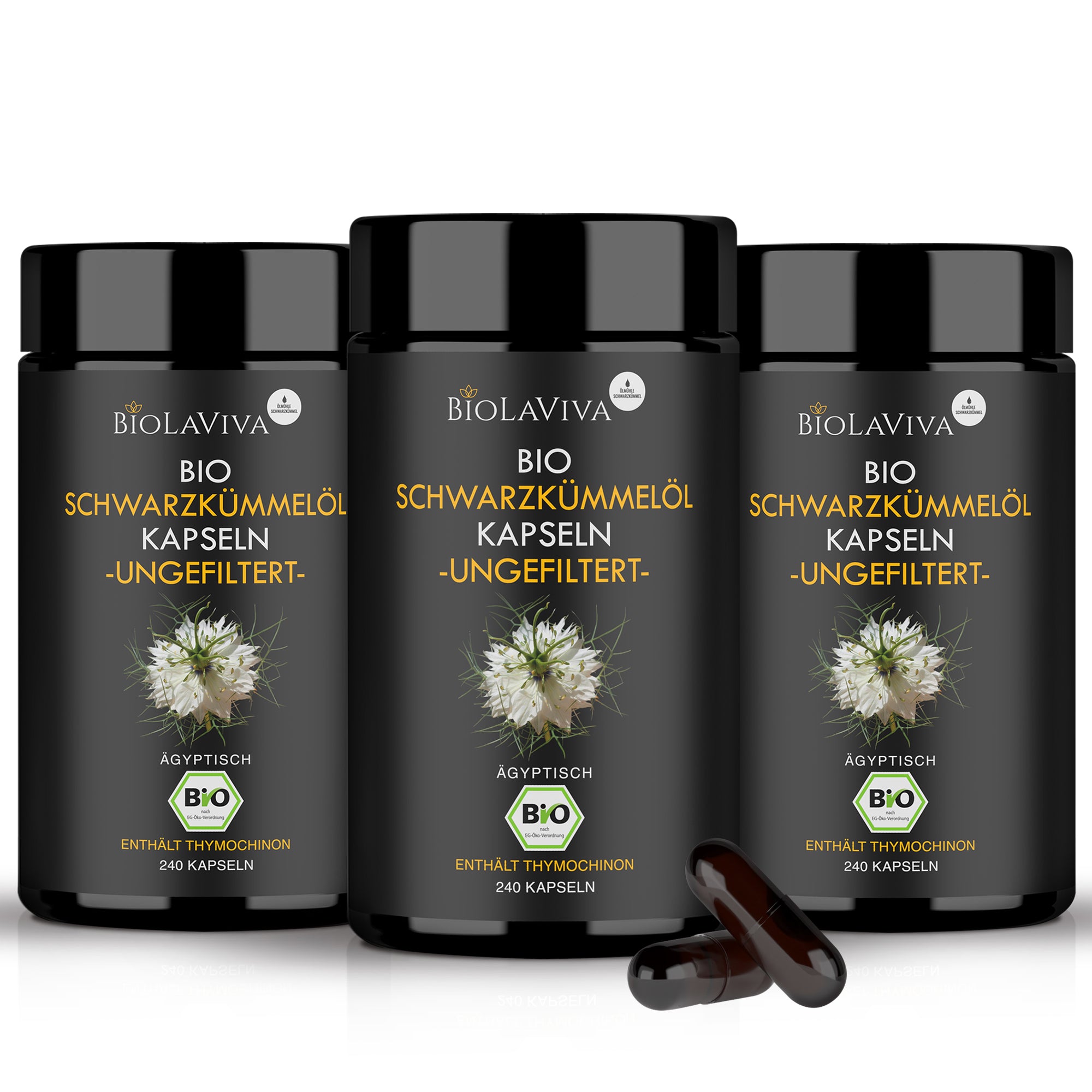 3× Bio Schwarzkümmelöl Kapseln - ungefiltert - 240 Kapseln