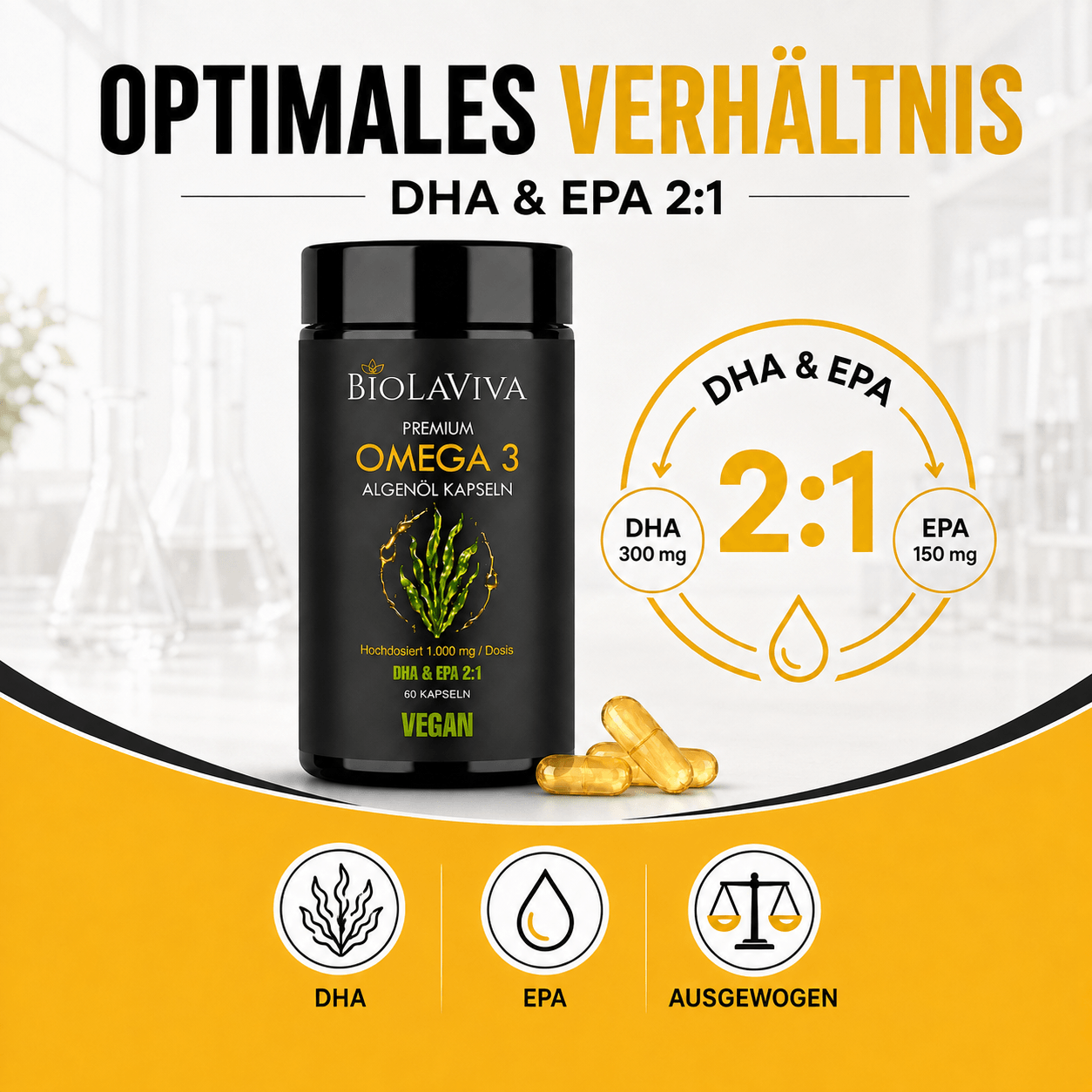 Premium Omega 3 Algenöl Kapseln - hochdosiert - vegan