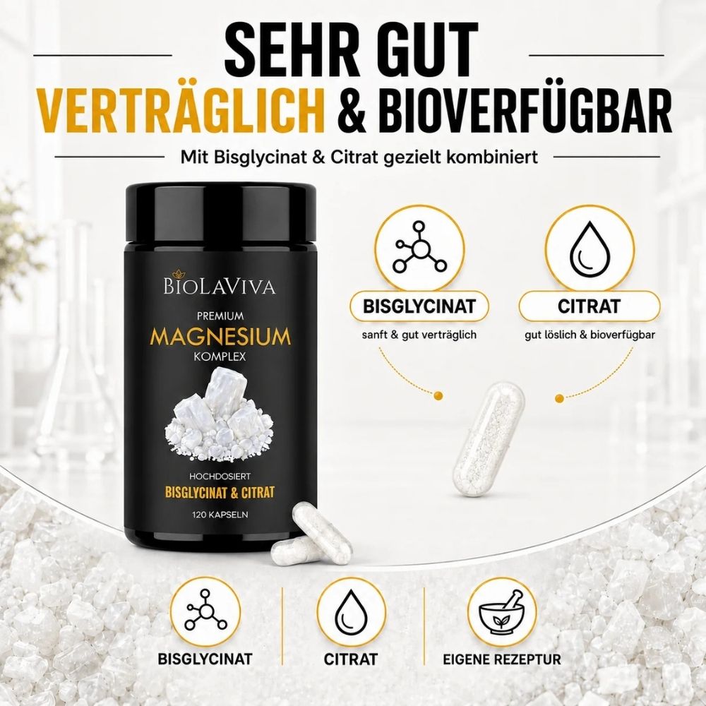 Premium Magnesium Komplex Kapseln - Bisglycinat & Citrat - hochdosiert