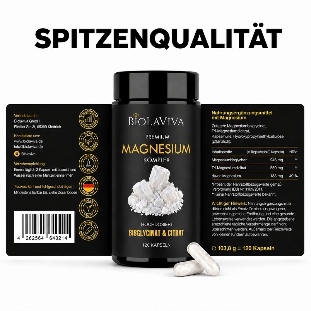 Premium Magnesium Komplex Kapseln - Bisglycinat & Citrat - hochdosiert