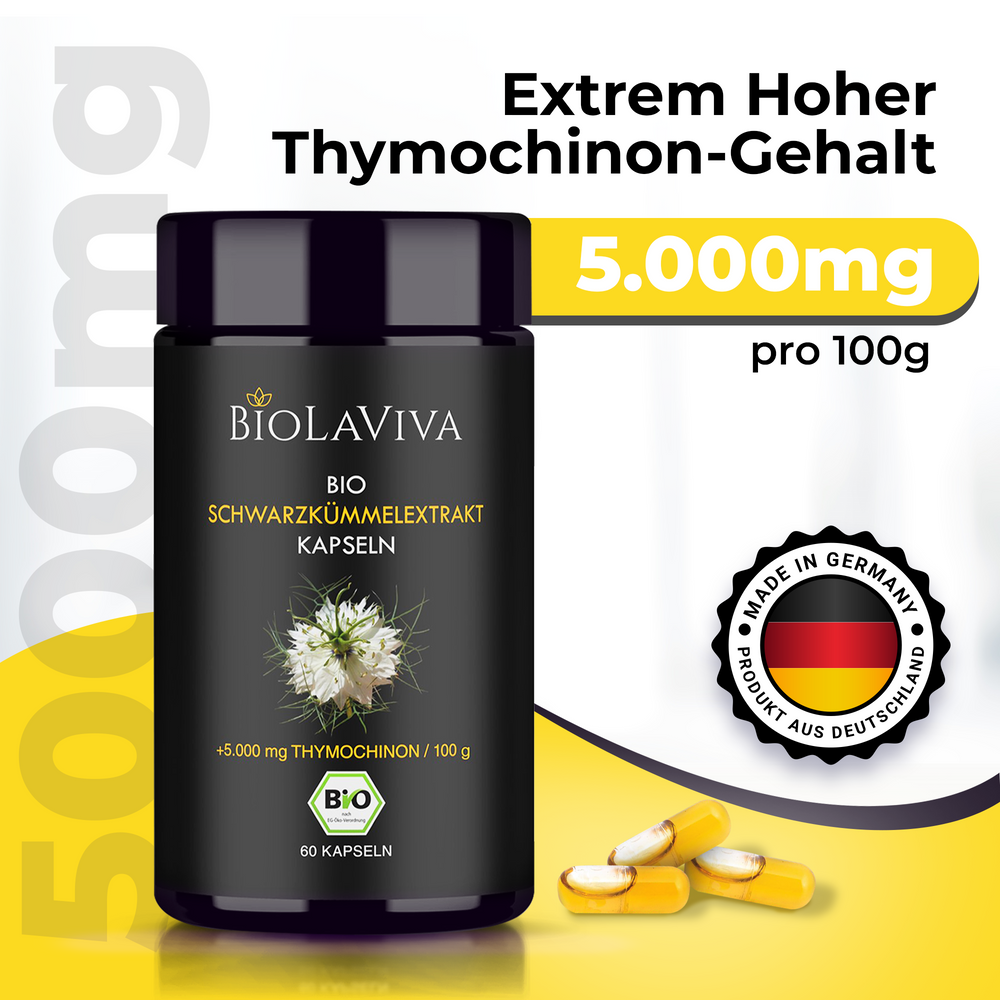 Bio Schwarzkümmelöl Kapseln - hochdosiert - 5% Thymochinon - 60 Kapseln