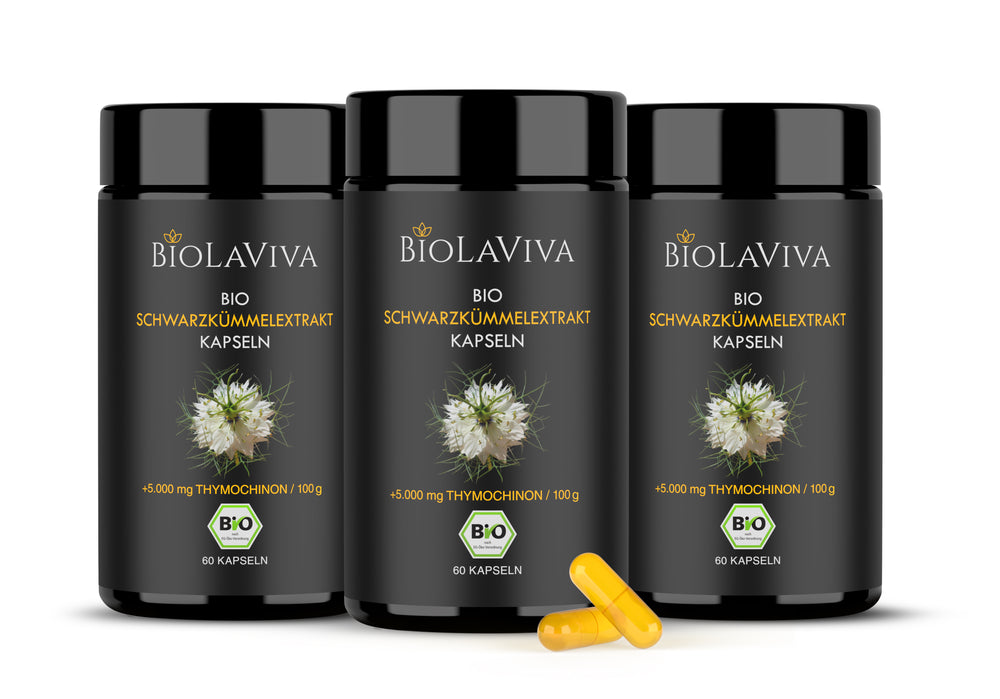 3x Bio Schwarzkümmelöl Kapseln - hochdosiert - 5% Thymochinon - 60 Kapseln
