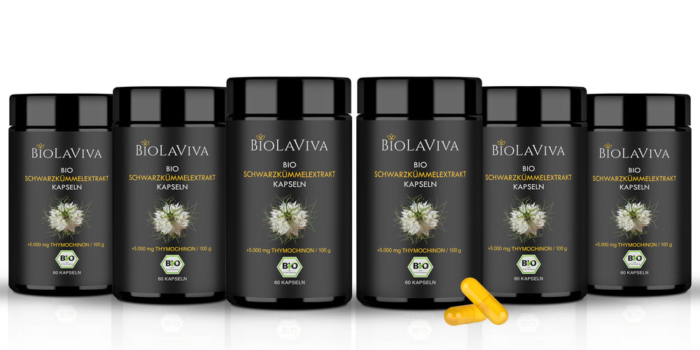 6x Bio Schwarzkümmelöl Kapseln - hochdosiert - 5% Thymochinon - 60 Kapseln