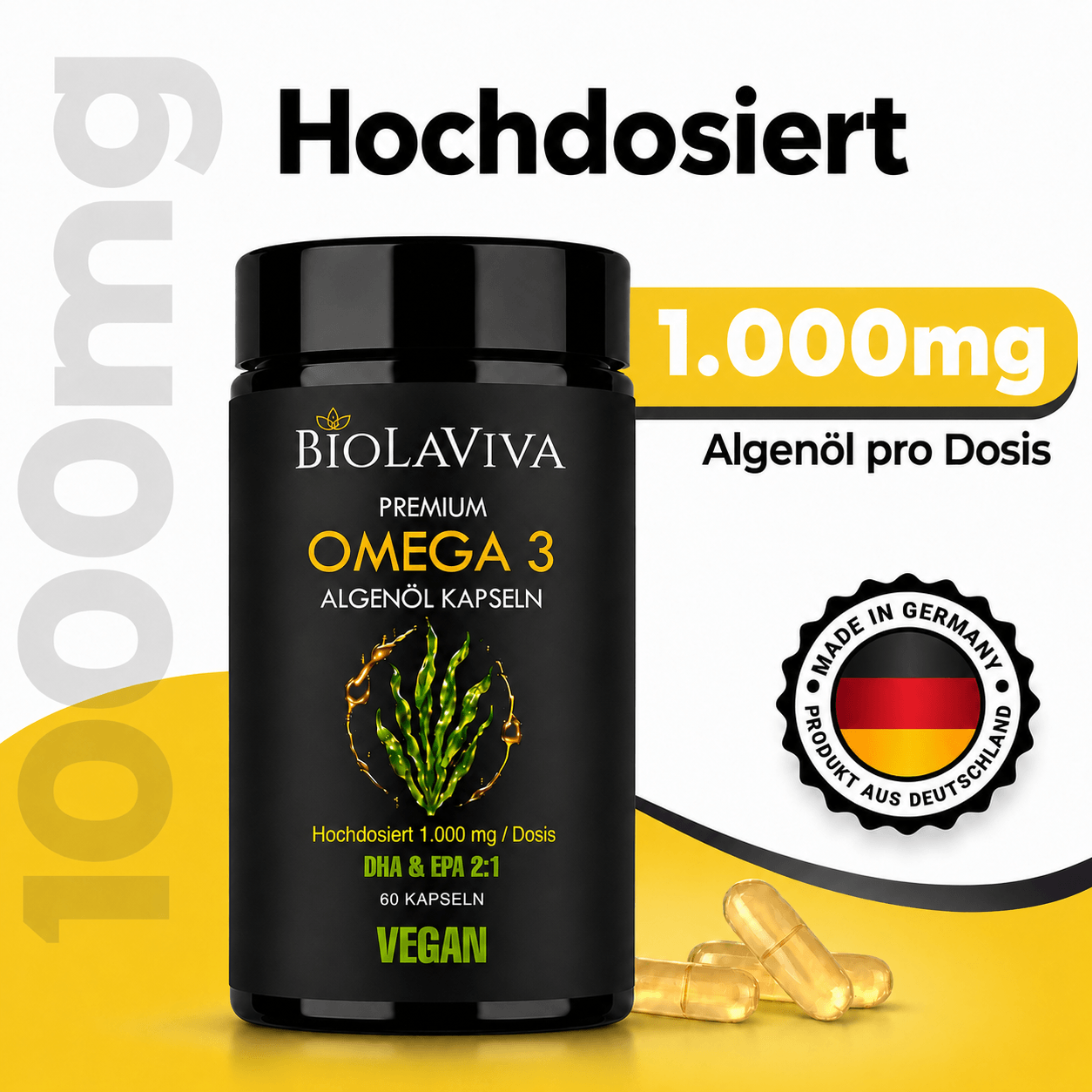 Premium Omega 3 Algenöl Kapseln - hochdosiert - vegan