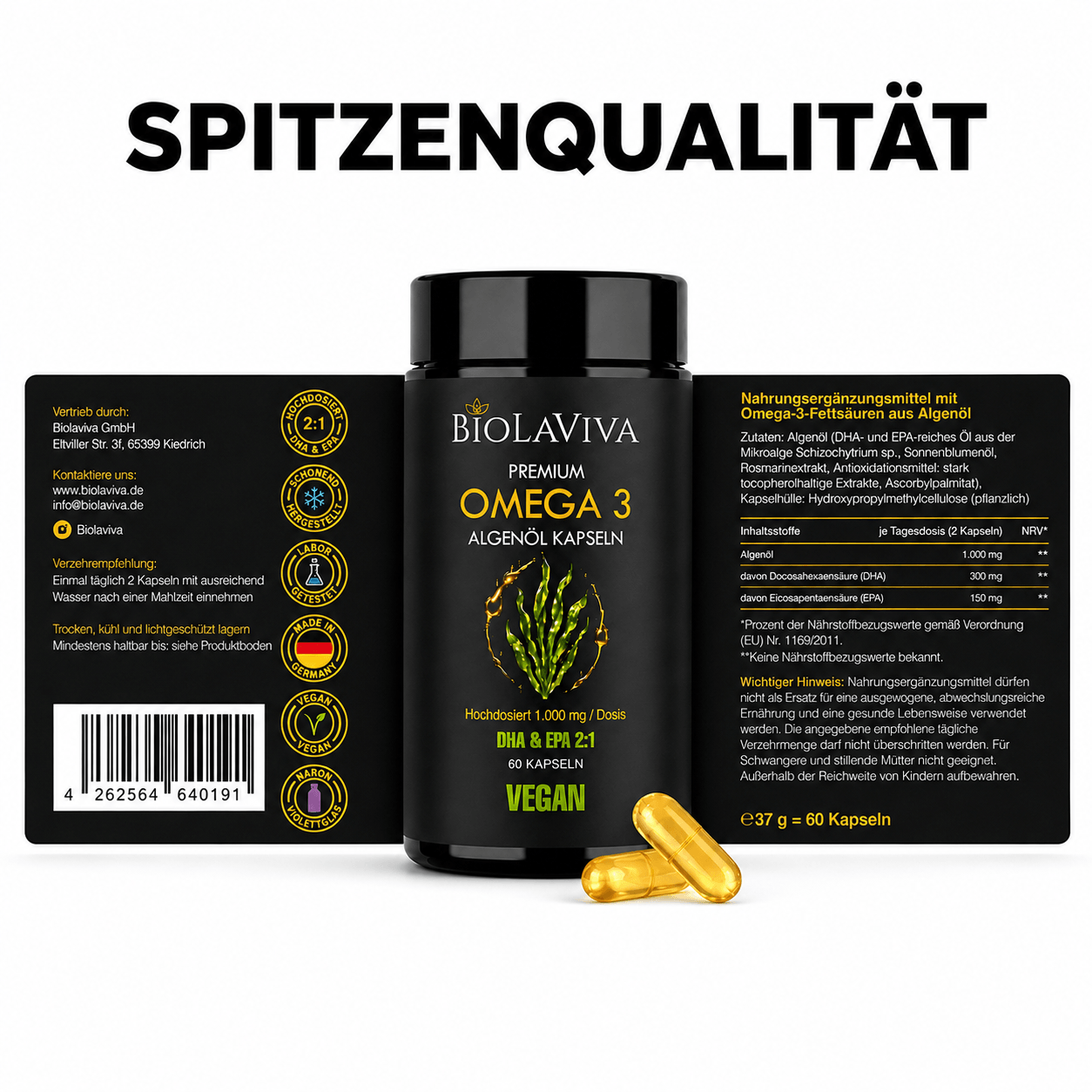 Premium Omega 3 Algenöl Kapseln - hochdosiert - vegan