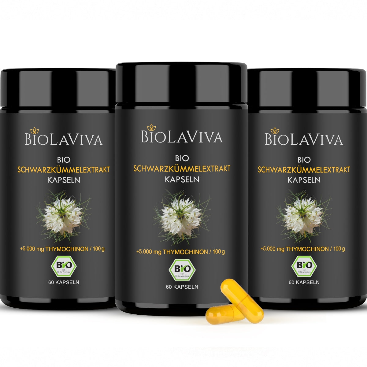 3x Bio Schwarzkümmelöl Kapseln - hochdosiert - 5% Thymochinon - 60 Kapseln