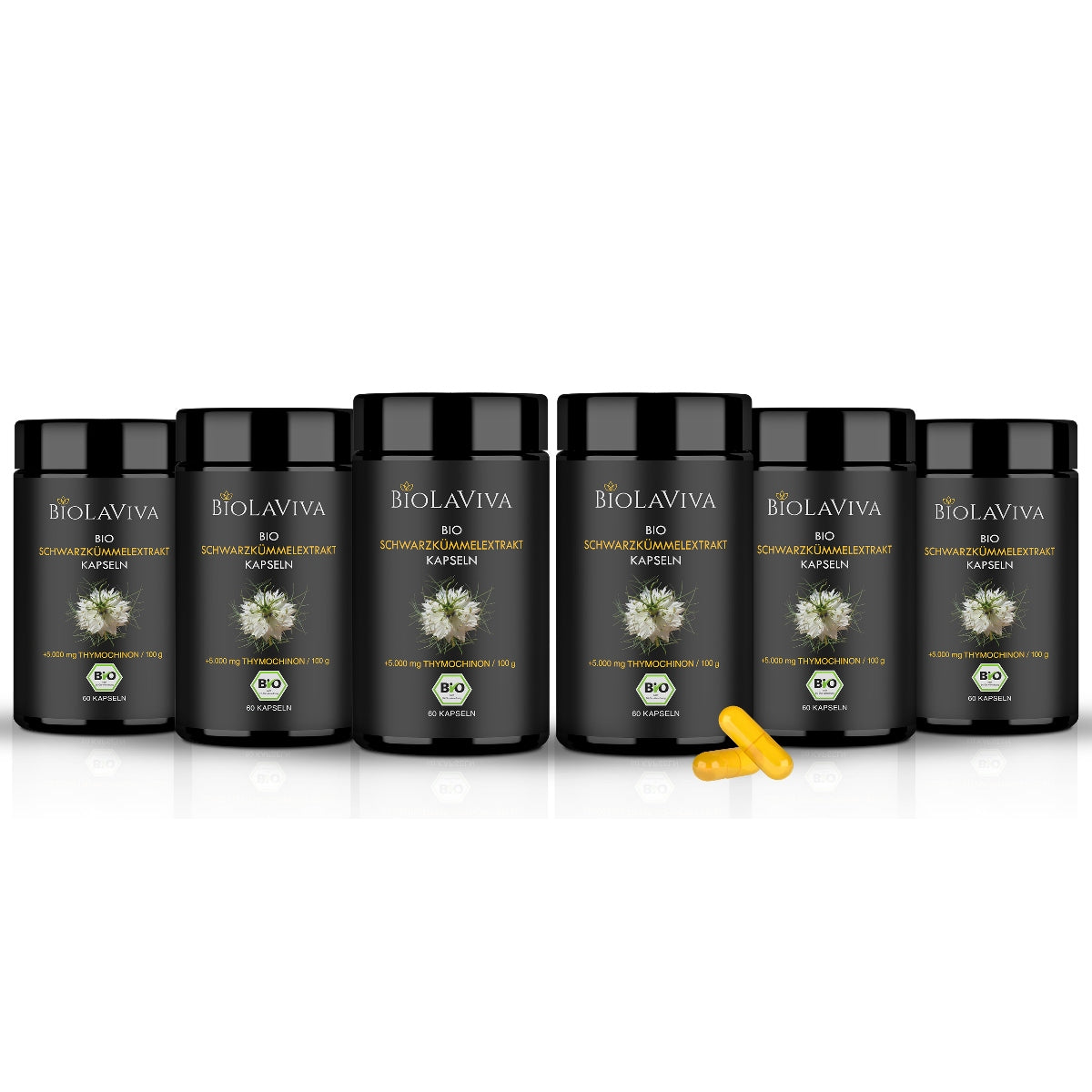 6x Bio Schwarzkümmelöl Kapseln - hochdosiert - 5% Thymochinon - 60 Kapseln
